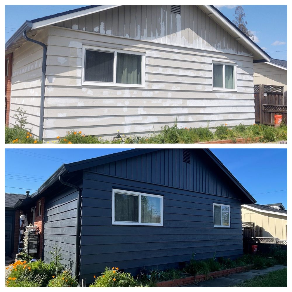 Two side-by-side images of a house. Top: house with unpainted, patched siding. Bottom: same house painted dark blue, conveying a fresh, polished look.